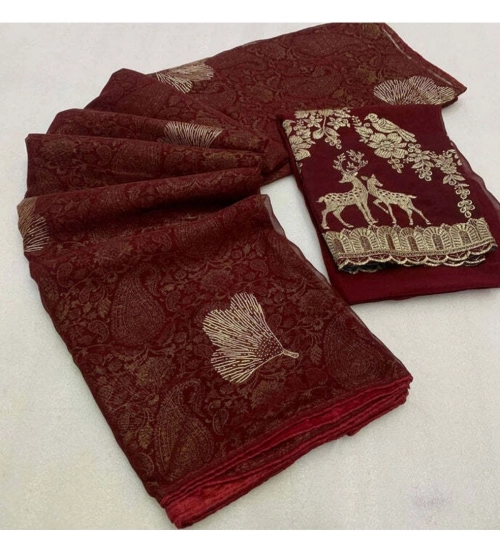 Women's Georgette Printed Saree With Unstitched Blouse (Maroon, 5-5 Mtrs)
