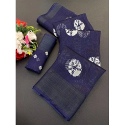 Women's Cotton Blend Printed Saree With Unstitched Blouse (Dark Blue, 5-5 Mtrs)