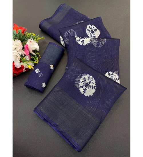 Women's Cotton Blend Printed Saree With Unstitched Blouse (Dark Blue, 5-5 Mtrs)