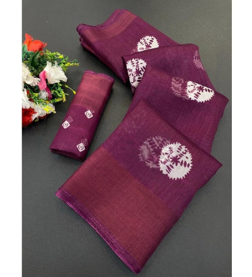 Women's Cotton Blend Printed Saree With Unstitched Blouse (Lavendar, 5-5 Mtrs)