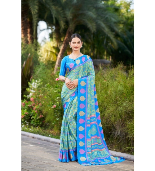 Women's Crepe Printed Saree With Unstitched Blouse (Blue, 5-5 Mtrs)