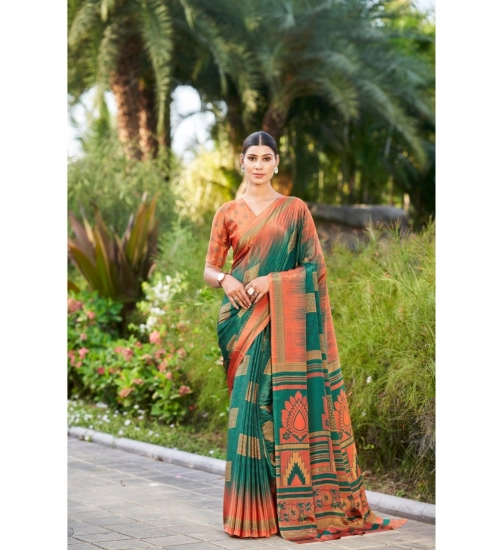 Women's Crepe Printed Saree With Unstitched Blouse (Dark Green, 5-5 Mtrs)