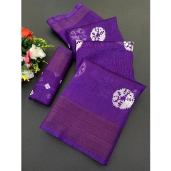 Women's Cotton Blend Printed Saree With Unstitched Blouse (Purple, 5-5 Mtrs)
