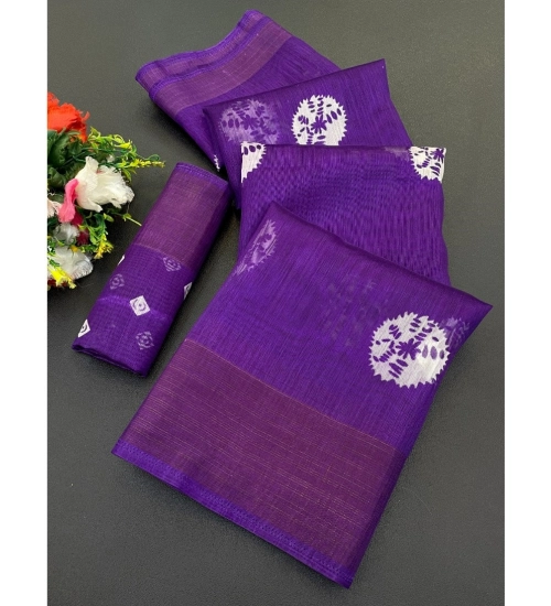 Women's Cotton Blend Printed Saree With Unstitched Blouse (Purple, 5-5 Mtrs)