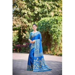 Generic Women's Crepe Printed Saree With Unstitched Blouse (Light Blue, 5-5 Mtrs)