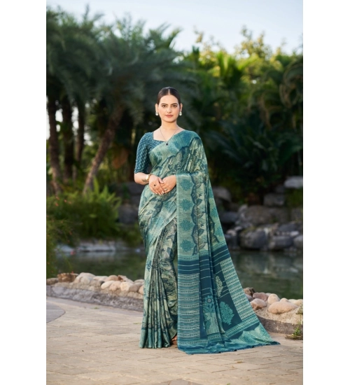 Women's Crepe Printed Saree With Unstitched Blouse (Green, 5-5 Mtrs)