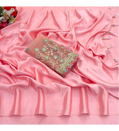 Women's Satin Solid Saree With Unstitched Blouse (Pink, 5-5 Mtrs)