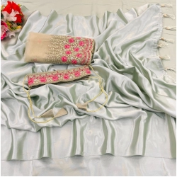 Women's Satin Solid Saree With Unstitched Blouse (Offwhite, 5-5 Mtrs)