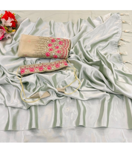 Women's Satin Solid Saree With Unstitched Blouse (Offwhite, 5-5 Mtrs)