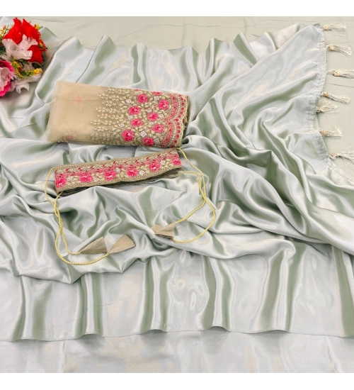 Women's Satin Solid Saree With Unstitched Blouse (Offwhite, 5-5 Mtrs)