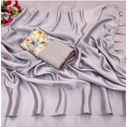 Women's Satin Solid Saree With Unstitched Blouse (Lightgrey, 5-5 Mtrs)