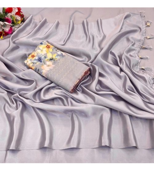 Women's Satin Solid Saree With Unstitched Blouse (Lightgrey, 5-5 Mtrs)