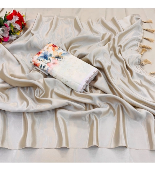 Women's Satin Solid Saree With Unstitched Blouse (White, 5-5 Mtrs)