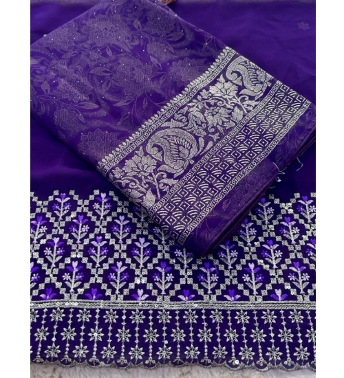 Women's Georgette Printed Saree With Unstitched Blouse (Purple, 5-5 Mtrs)
