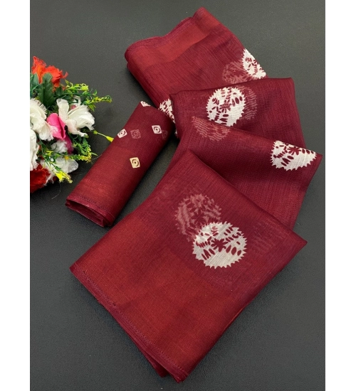 Women's Cotton Blend Printed Saree With Unstitched Blouse (Maroon, 5-5 Mtrs)