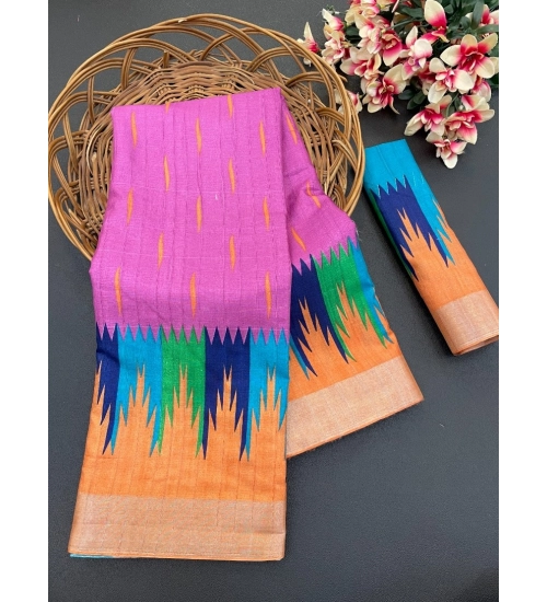 Women's Cotton Blend Printed Saree With Unstitched Blouse (Purple, 5-5 Mtrs)