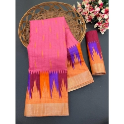 Women's Cotton Blend Printed Saree With Unstitched Blouse (Pink, 5-5 Mtrs)