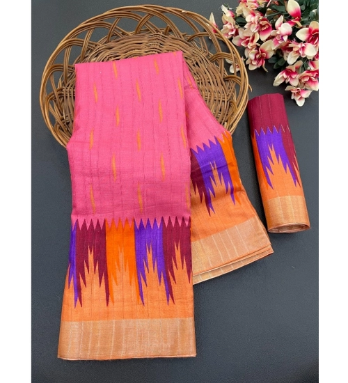 Women's Cotton Blend Printed Saree With Unstitched Blouse (Pink, 5-5 Mtrs)