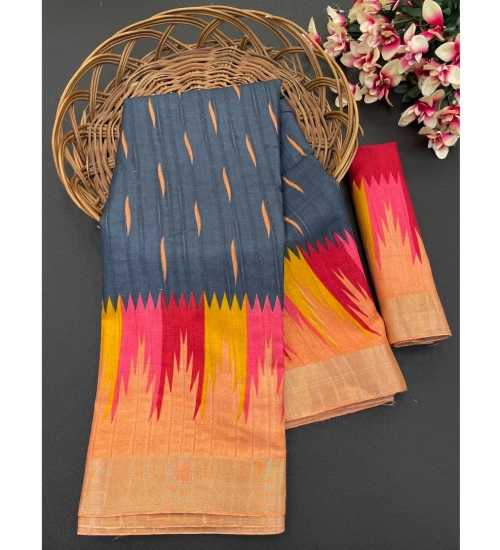 Women's Cotton Blend Printed Saree With Unstitched Blouse (Black, 5-5 Mtrs)