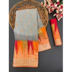 Women's Cotton Blend Printed Saree With Unstitched Blouse (Grey, 5-5 Mtrs)