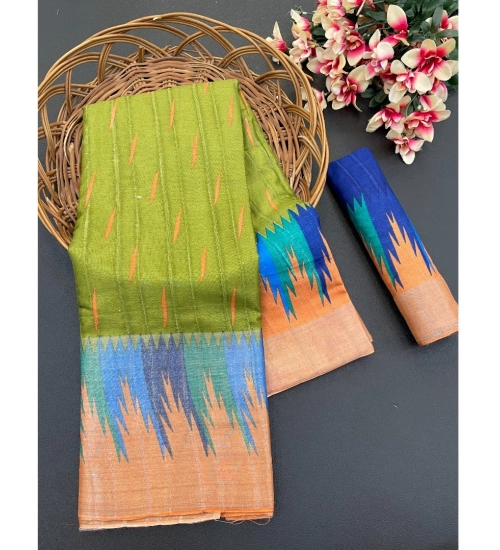 Women's Cotton Blend Printed Saree With Unstitched Blouse (Dark Green, 5-5 Mtrs)