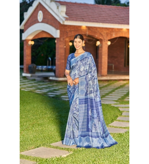 Women's Crepe Printed Saree With Unstitched Blouse (Dark Blue, 5-5 Mtrs)