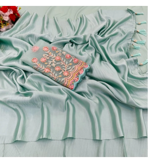 Women's Satin Solid Saree With Unstitched Blouse (Skyblue, 5-5 Mtrs)