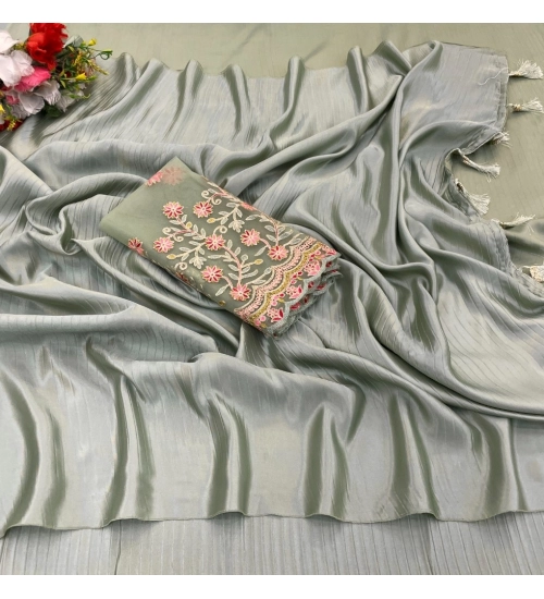 Women's Satin Solid Saree With Unstitched Blouse (Grey, 5-5 Mtrs)