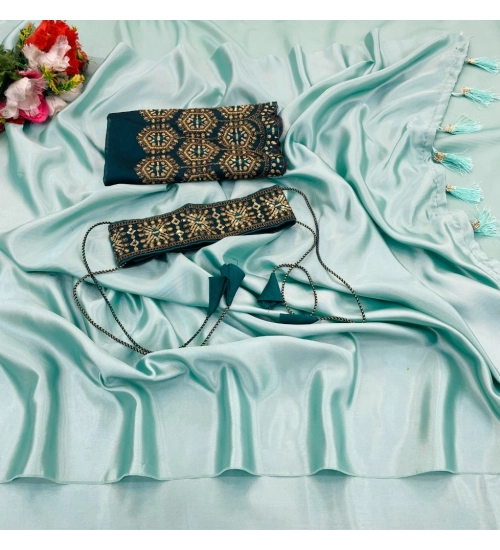 Women's Satin Solid Saree With Unstitched Blouse (Skyblue, 5-5 Mtrs)