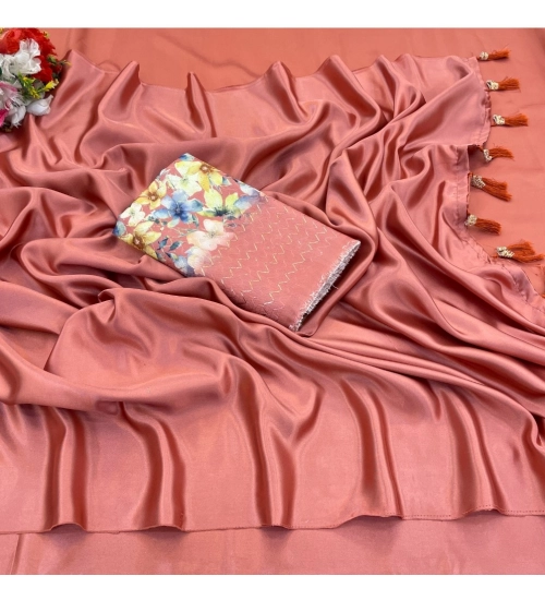 Women's Satin Solid Saree With Unstitched Blouse (Orange, 5-5 Mtrs)