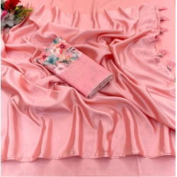 Women's Satin Solid Saree With Unstitched Blouse (Peach, 5-5 Mtrs)