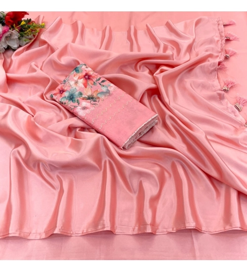 Women's Satin Solid Saree With Unstitched Blouse (Peach, 5-5 Mtrs)