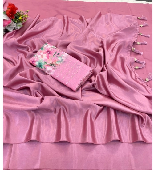 Women's Satin Solid Saree With Unstitched Blouse (Pink, 5-5 Mtrs)