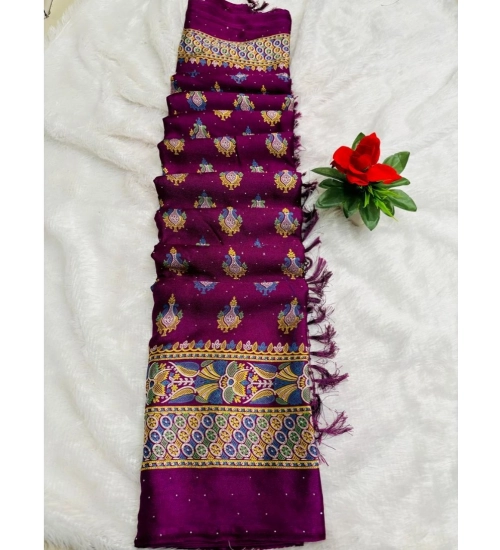 Women's Silk Blend Printed Saree With Unstitched Blouse (Wine, 5-5 Mtrs)