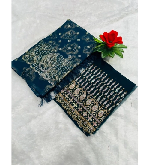 Women's Georgette Printed Saree With Unstitched Blouse (Dark Blue, 5-5 Mtrs)