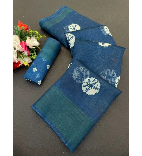 Women's Cotton Blend Printed Saree With Unstitched Blouse (Blue, 5-5 Mtrs)