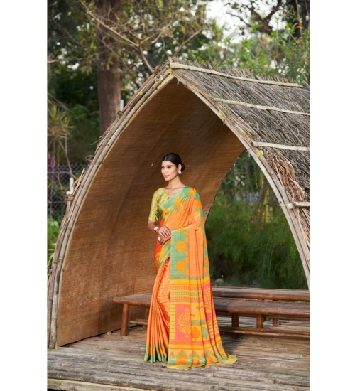Women's Crepe Printed Saree With Unstitched Blouse (Mustard, 5-5 Mtrs)
