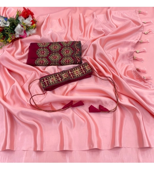 Women's Satin Solid Saree With Unstitched Blouse (Pink, 5-5 Mtrs)