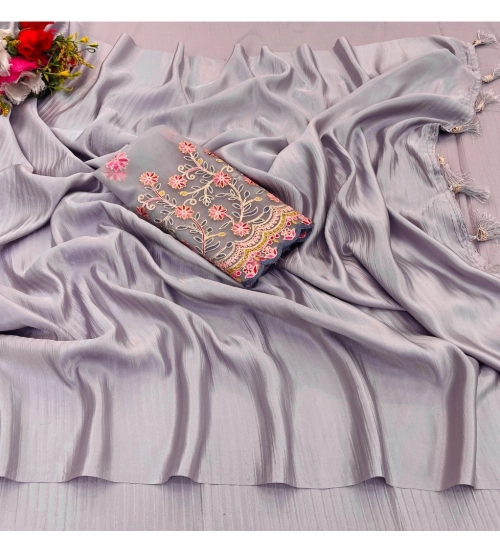 Women's Satin Solid Saree With Unstitched Blouse (Purple, 5-5 Mtrs)