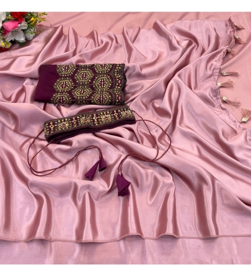 Women's Satin Solid Saree With Unstitched Blouse (Wine, 5-5 Mtrs)