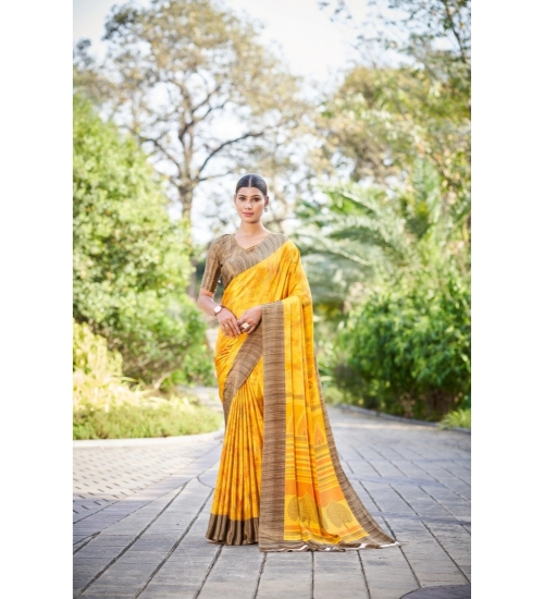 Women's Crepe Printed Saree With Unstitched Blouse (Yellow, 5-5 Mtrs)