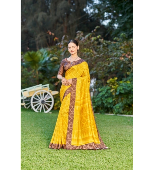 Women's Crepe Printed Saree With Unstitched Blouse (Yellow, 5-5 Mtrs)