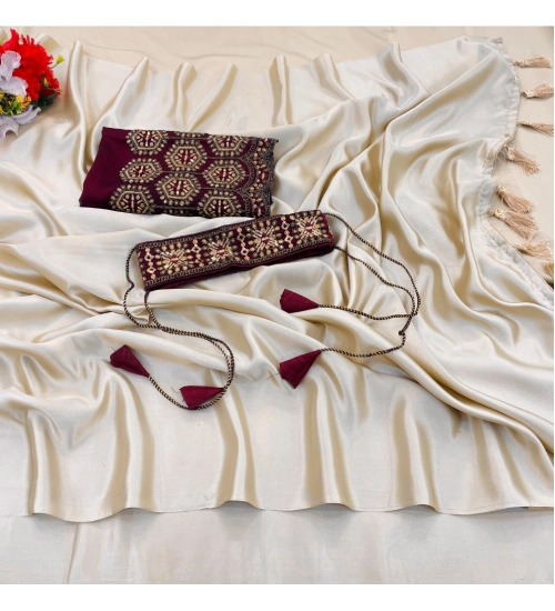 Women's Satin Solid Saree With Unstitched Blouse (Begie, 5-5 Mtrs)