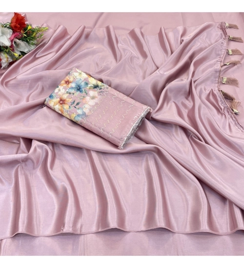 Women's Satin Solid Saree With Unstitched Blouse (Lightpink, 5-5 Mtrs)