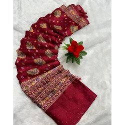 Women's Chiffon Printed Saree With Unstitched Blouse (Red, 5-5 Mtrs)