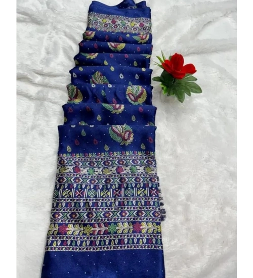 Women's Chiffon Printed Saree With Unstitched Blouse (Navy, 5-5 Mtrs)