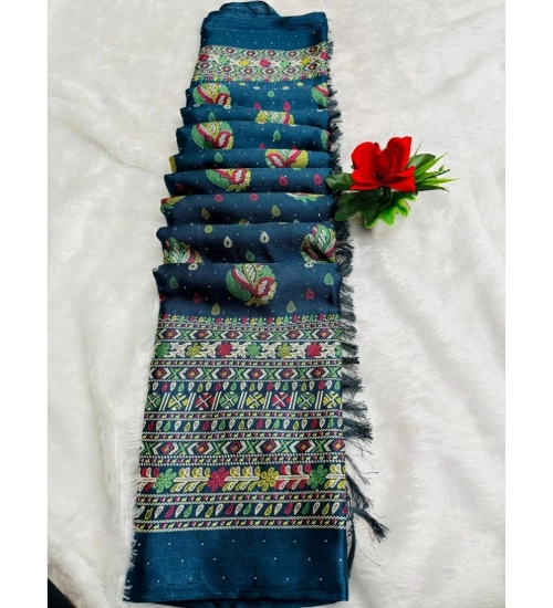 Women's Chiffon Printed Saree With Unstitched Blouse (Teal, 5-5 Mtrs)