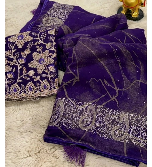 Women's Georgette Printed Saree With Unstitched Blouse (Purple, 5-5 Mtrs)