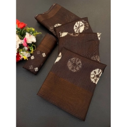 Women's Cotton Blend Printed Saree With Unstitched Blouse (Brown, 5-5 Mtrs)