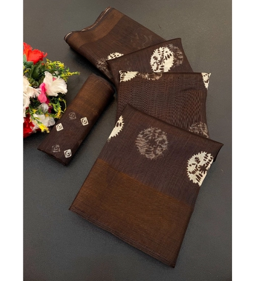 Women's Cotton Blend Printed Saree With Unstitched Blouse (Brown, 5-5 Mtrs)